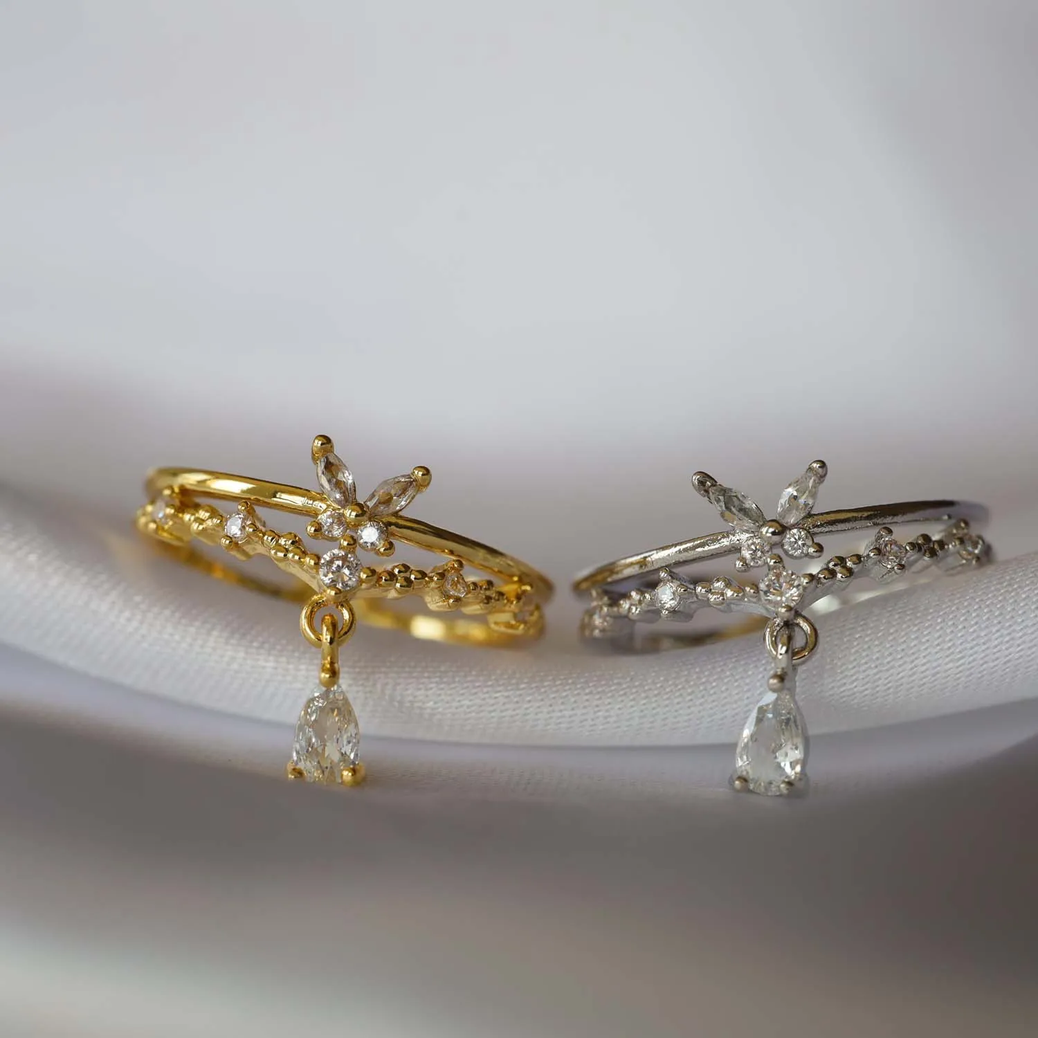 Double Layer Butterfly Charm Open Adjustable Ring White Zircon Teardrop Dangle Resizable Finger Ring Women Jewelry