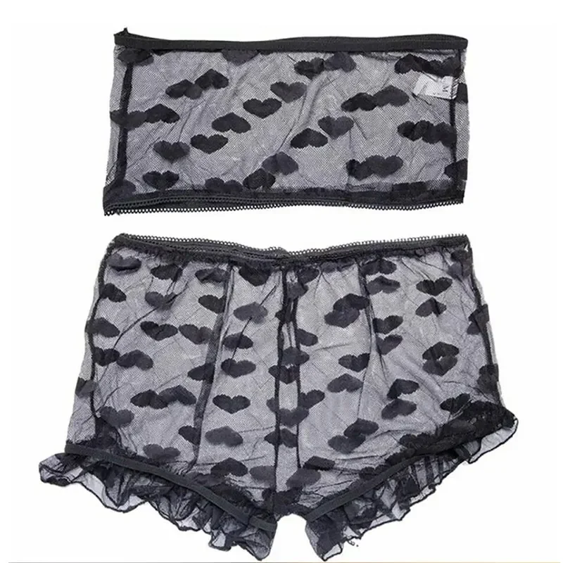 أطقم بيجامات نسائية جديدة على شكل قلب شبكي شفاف بدون خياطة أطقم بيجامات وسراويل قصيرة مقاس كبير طقم ملابس داخلية من الدانتيل الأسود للنساء