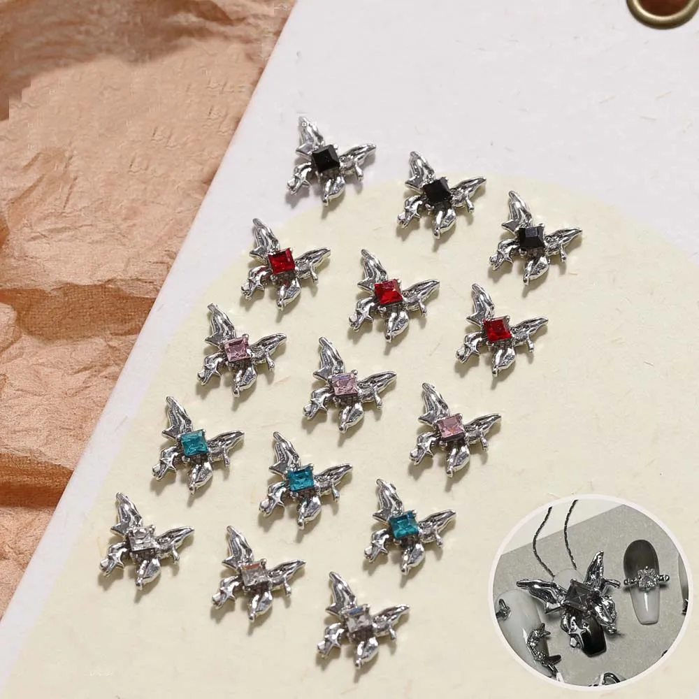 10pcs Silver Alloy Butterfly Nail Art Charm 3D Liquid Flow Butterfly with Diamond Nail Decor Parts DIY Japanese Nail Accessories