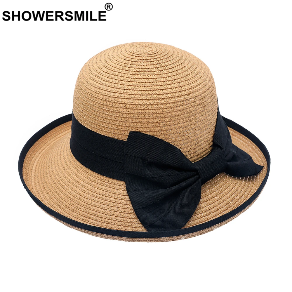 SHOWERSMILE Summer Straw Hat British Style Womens Sun Hat Bowknot White Black Pink Navy Beige Elegant Ladies Fedora