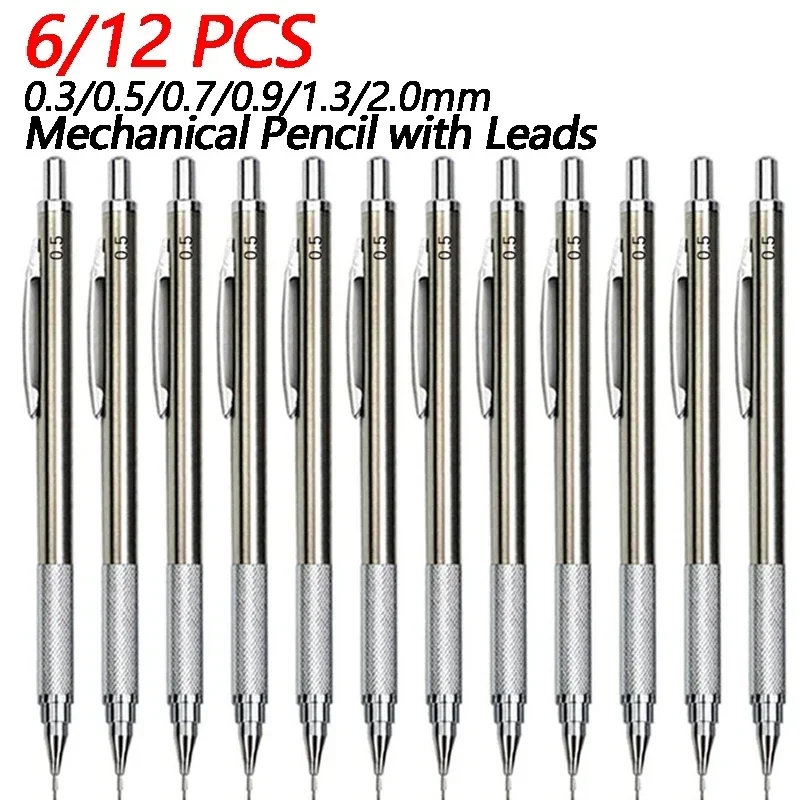 6/12 PCS 0.3/0.5/0.7/0.9/1.3/2.0mm Mechanical Pencil Office School Supplies Art Painting Tool Metal Automatic Pencils Stationery