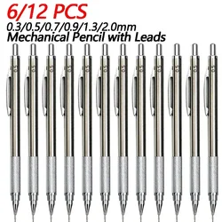 6/12 PCS 0.3/0.5/0.7/0.9/1.3/2.0mm 기계식 연필 사무실 학교 용품 미술 그림 도구 금속 자동 연필 편지지