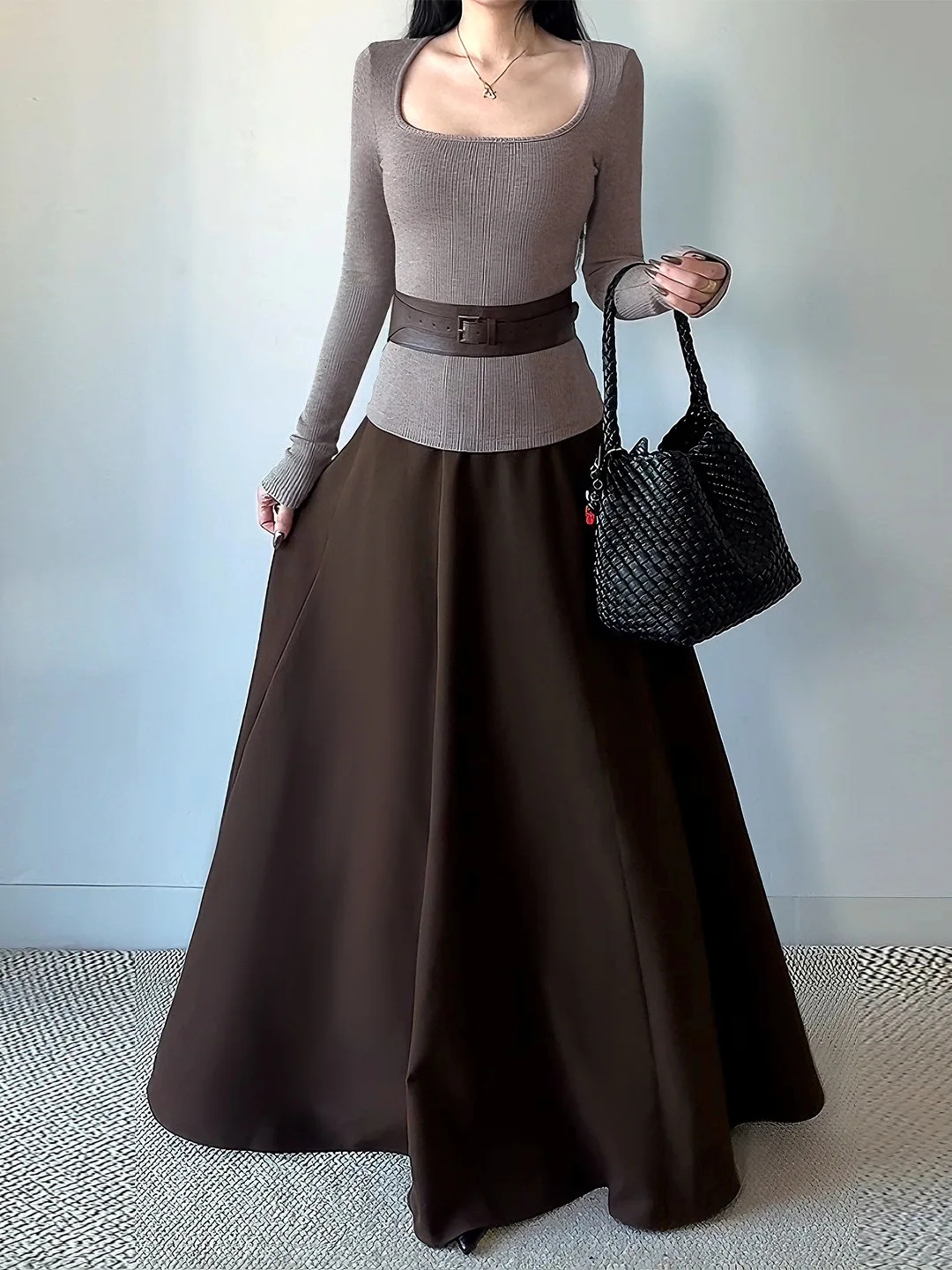 

Harajuku Элегантный комплект из 2 предметов Юбка для женщин Ретро Квадратный вырез с поясом Вязаный топ Юбка трапециевидной формы с высокой талией Повседневная одежда