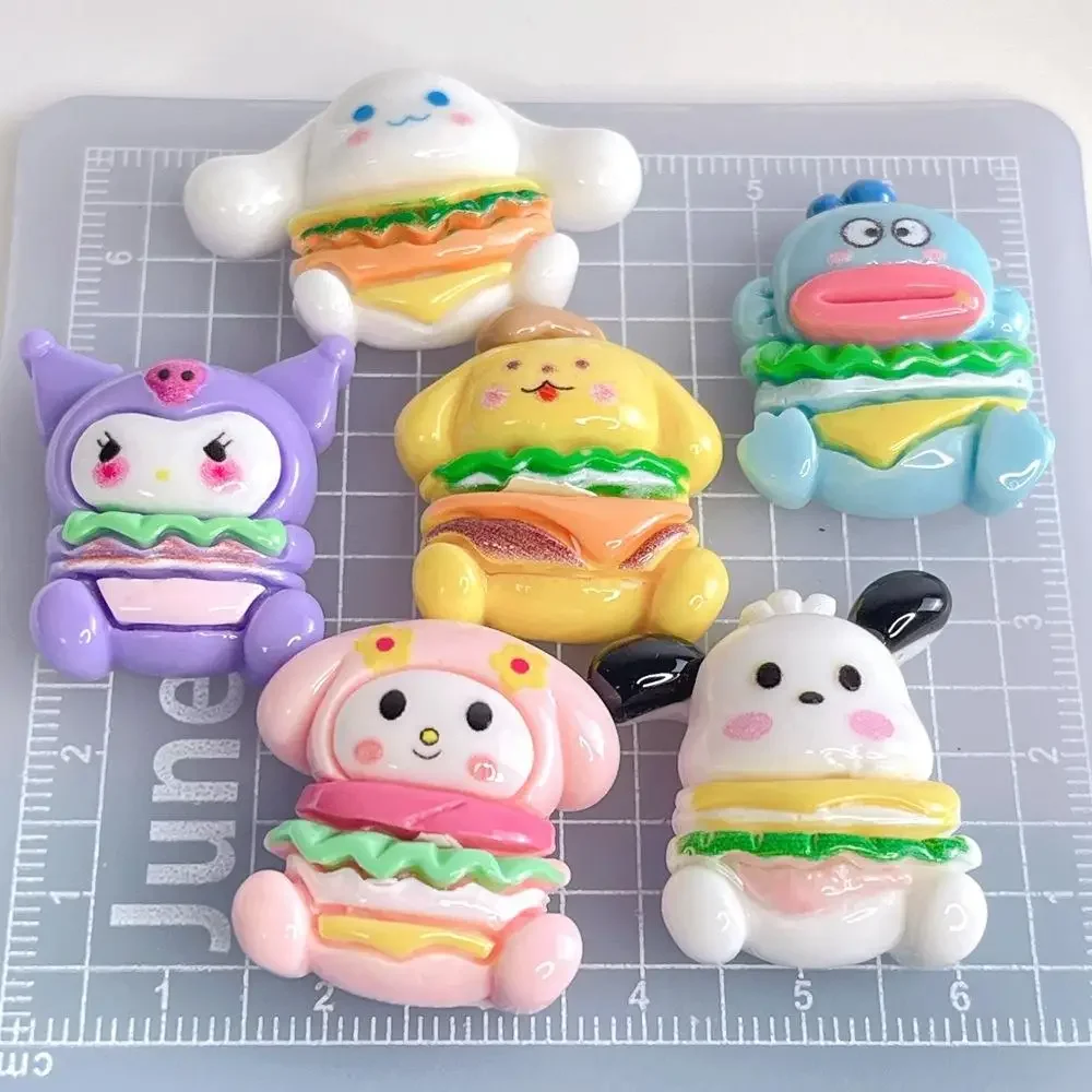 Sanrios New 5Pcs Kuromi Resin Accessories Kawaii Cinnamoroll Pochacco Melody Pompompurin Hamburg Series Decoration Cartoon Toys