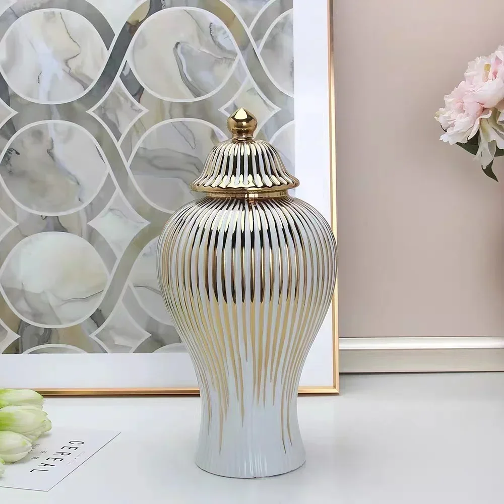 

Ceramic Vase Storage Bottle Ginger Jars Golden Stripes Decorative big Vases Containers Desktop Porcelain Ornaments Home Decor