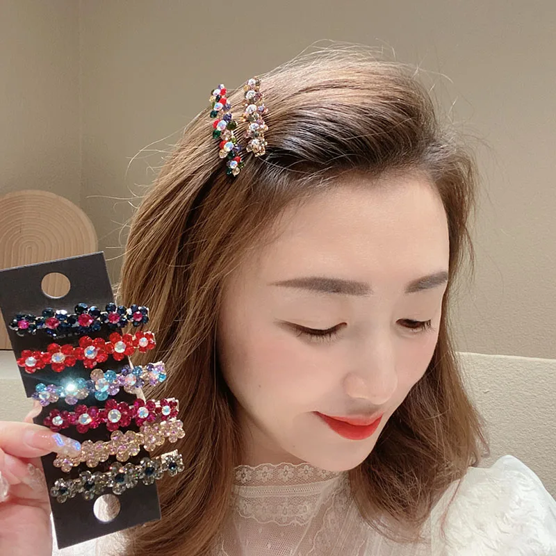 New Fashion Korean Style Alloy Crystal Flowers Duckbill Clip For Girl Women Shining Elegant Side Barrettes Edge Clip Hairpins