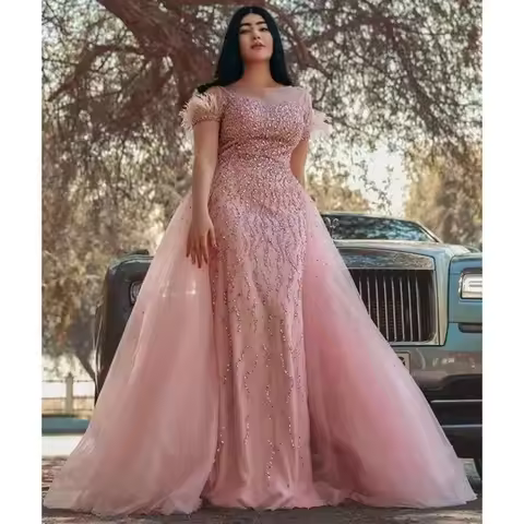 Customized Arabic Blush Pink Urious Prom Dresses Beaded Sequins Evening Formal Party Second Reception Birthday Gowns Dress