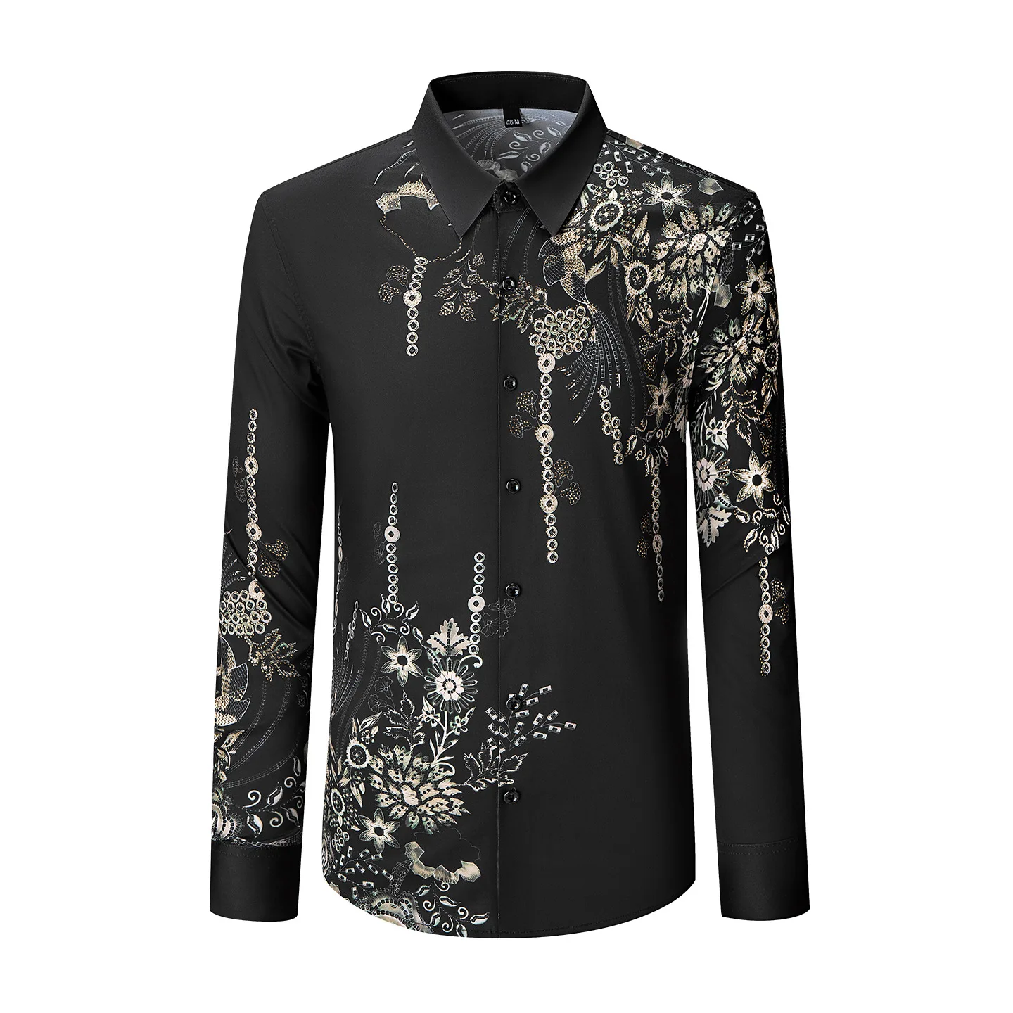 2025 Autumn Winter Flower Rhinestone Men's Shirt Slim Fit Long Sleeve Casual Business Dress Shirts Social Banquet Party Shirt