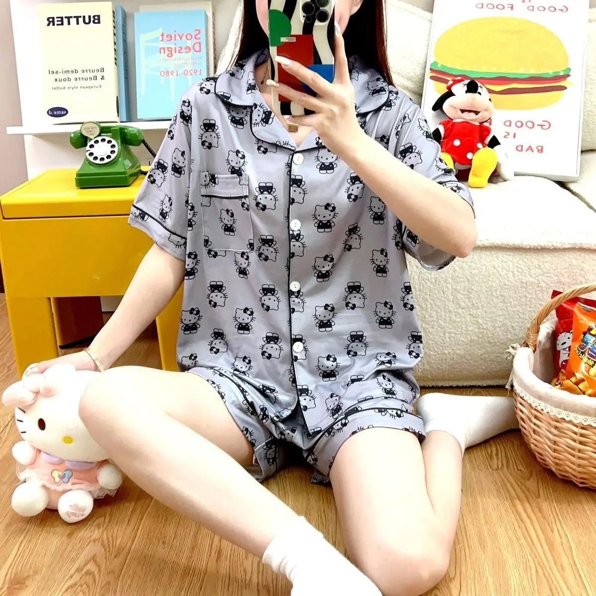 Ensemble pyjama 2 pièces pour femmes, dessin animé, Kawaii, été, filles, revers, demi-manches, short, mode décontractée, Anime étudiant, vêtements de maison Kawaii