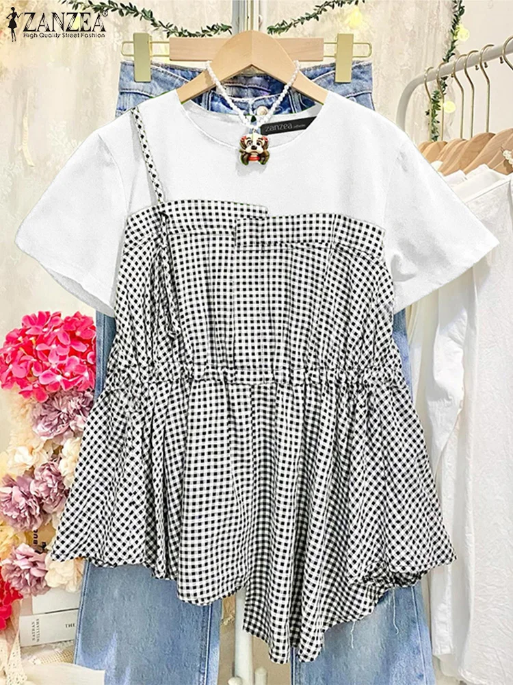 

Лоскутные асимметричные топы, женские повседневные свободные клетчатые блузки, модная туника с коротким рукавом и круглым вырезом, пуловер большого размера, Blusas ZANZEA 2025
