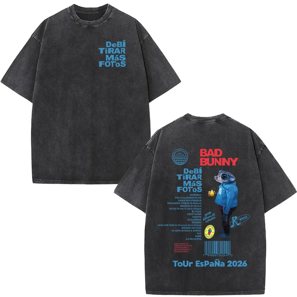 Rapper Bad Bunny Album-Cover-Print T-Shirt Debi Tirar Mas Fotos DTMF Gewaschenes Vintage T-Shirt für Männer und Frauen Hip-Hop Oversized T-Shirts