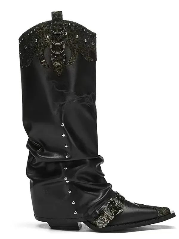 New Autumn/Winter Women's Black Chunky Heel Rivet Buckle Side Zipper Patchwork Western Boots Square Toe Trendy Street Long Boots 4