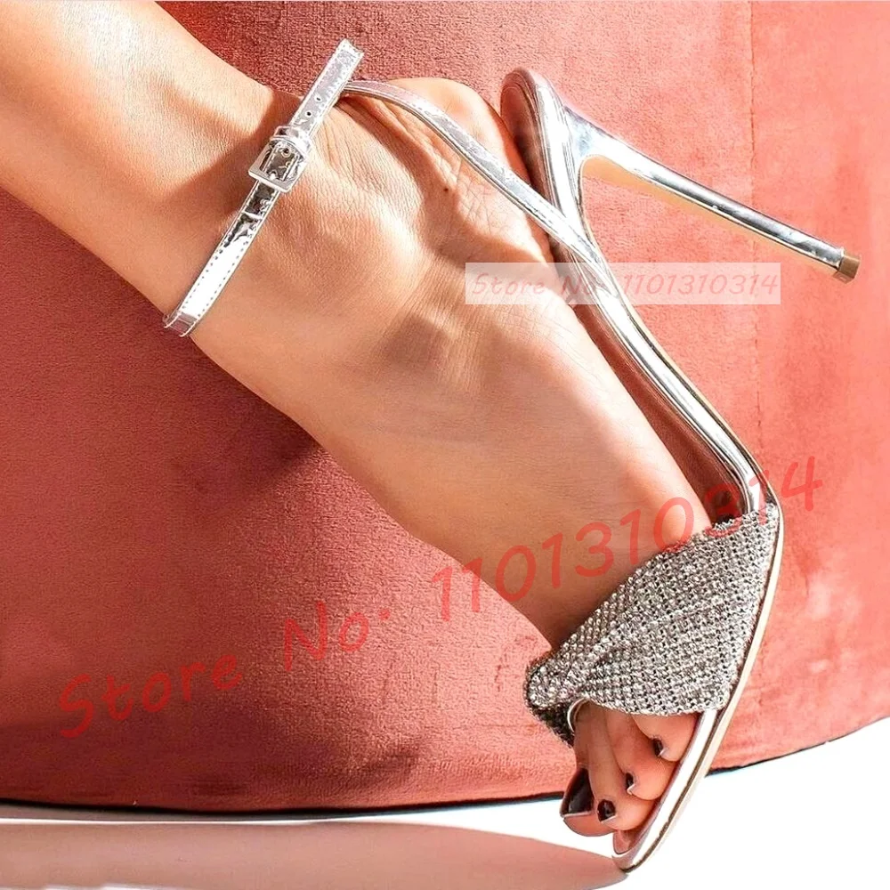 Mirrored Silver Rhinestones Sandals Women Luxury Ankle Strap Casual High Heels Shoes Female Summer Shiny Leather Evening Sandals