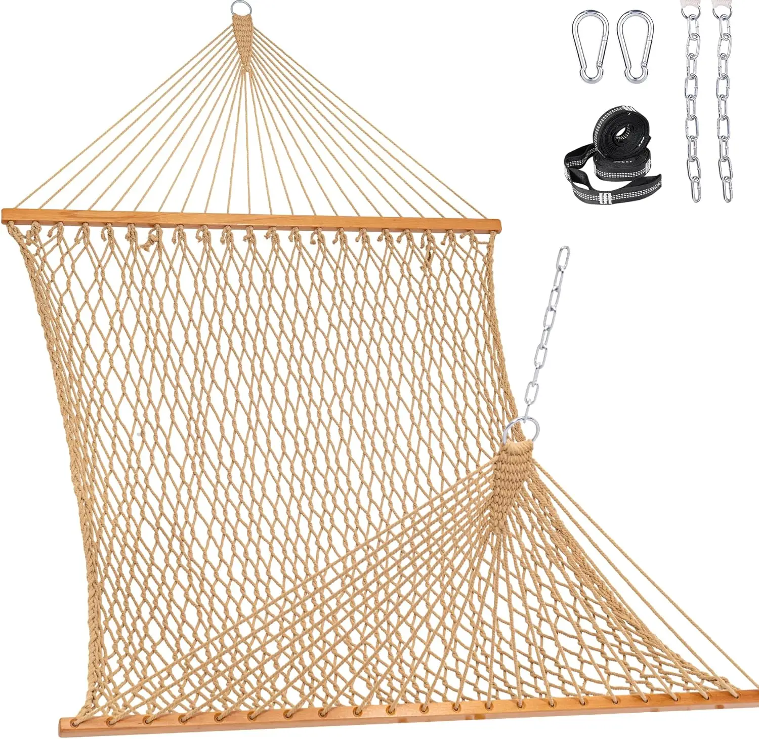 

Double Rope Hammock for 2 Persons, Outdoor Handwoven Cotton with Spreader Bar & Straps, Supports 450 lbs