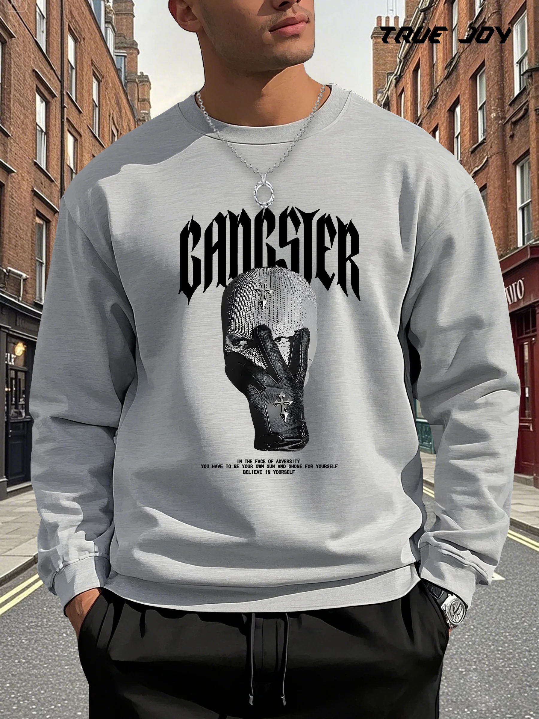 سويت شيرت برسومات "Gangster" للرجال - تصميم قناع أسود وورود، فضفاض بأكمام طويلة وياقة دائرية