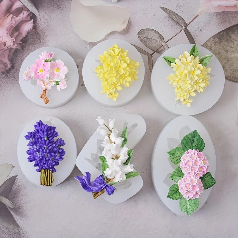 

6PCS Flower Silicone Mold Set: Plum Blossom, Lavender, Lily of the Valley, Osmanthus, Hydrangea for Candle, Soap, Clay, Plaster