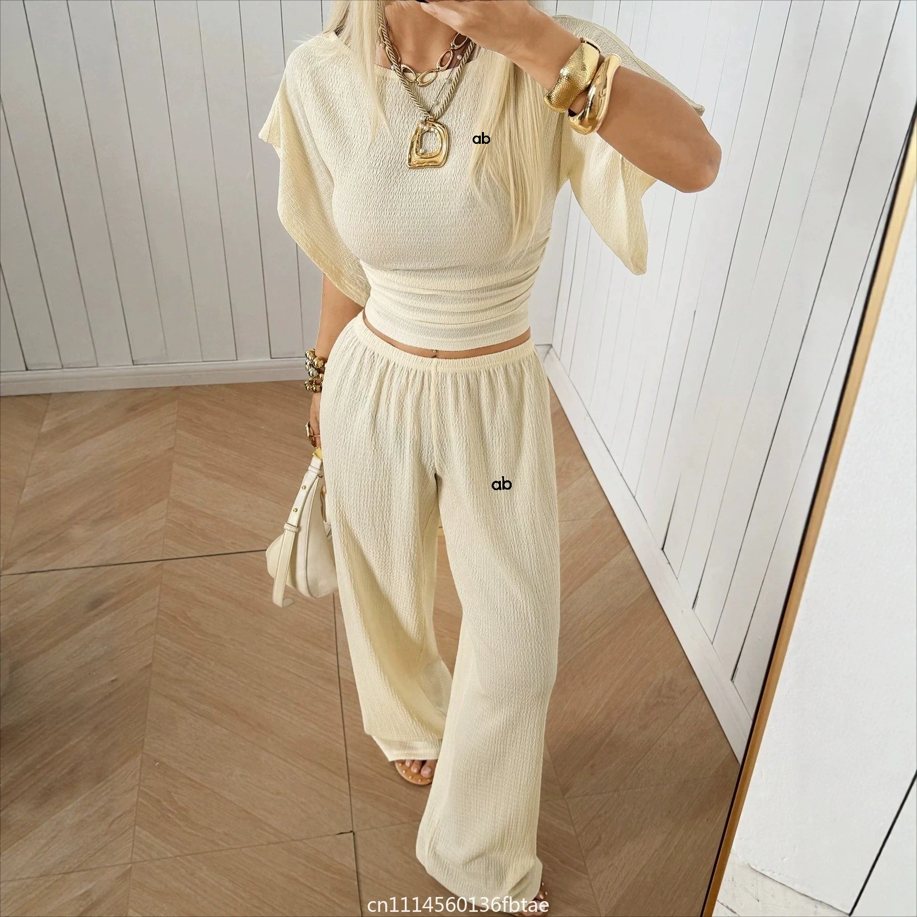 2026 New Fasiom Elegant Pure Color Round Neck T-Shirt and Straight Leg Pants Two-Piece Set for Women Comfortable Casual Outfit