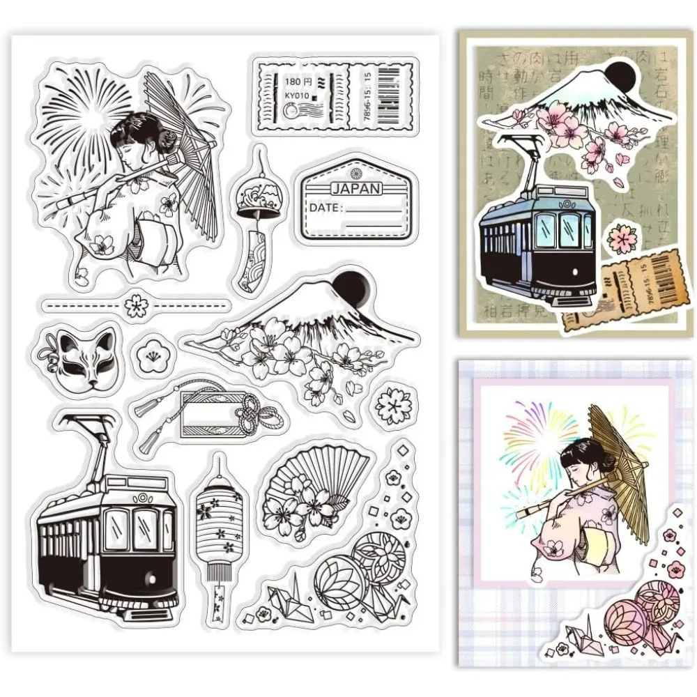 اليابان السفر لمشاهدة معالم المدينة واضح Stamps جبل. أزهار الكرز فوجي الألعاب النارية سيليكون واضح طوابع نمط الثقافة اليابانية