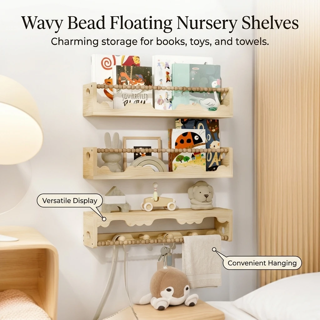 Solid-Wood Storage Rack for Kids Room Nursery Children's Wall Shelf with Towel Rod Doll Display Holder Home Organizer Durable