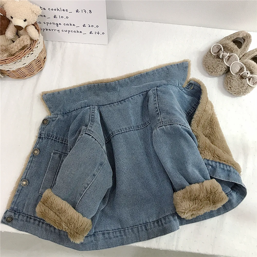 Girls\' cashmere denim coat winter thickened new integrated baby lamb cashmere warm gown children\'s cotton-padded jacket1-8Y