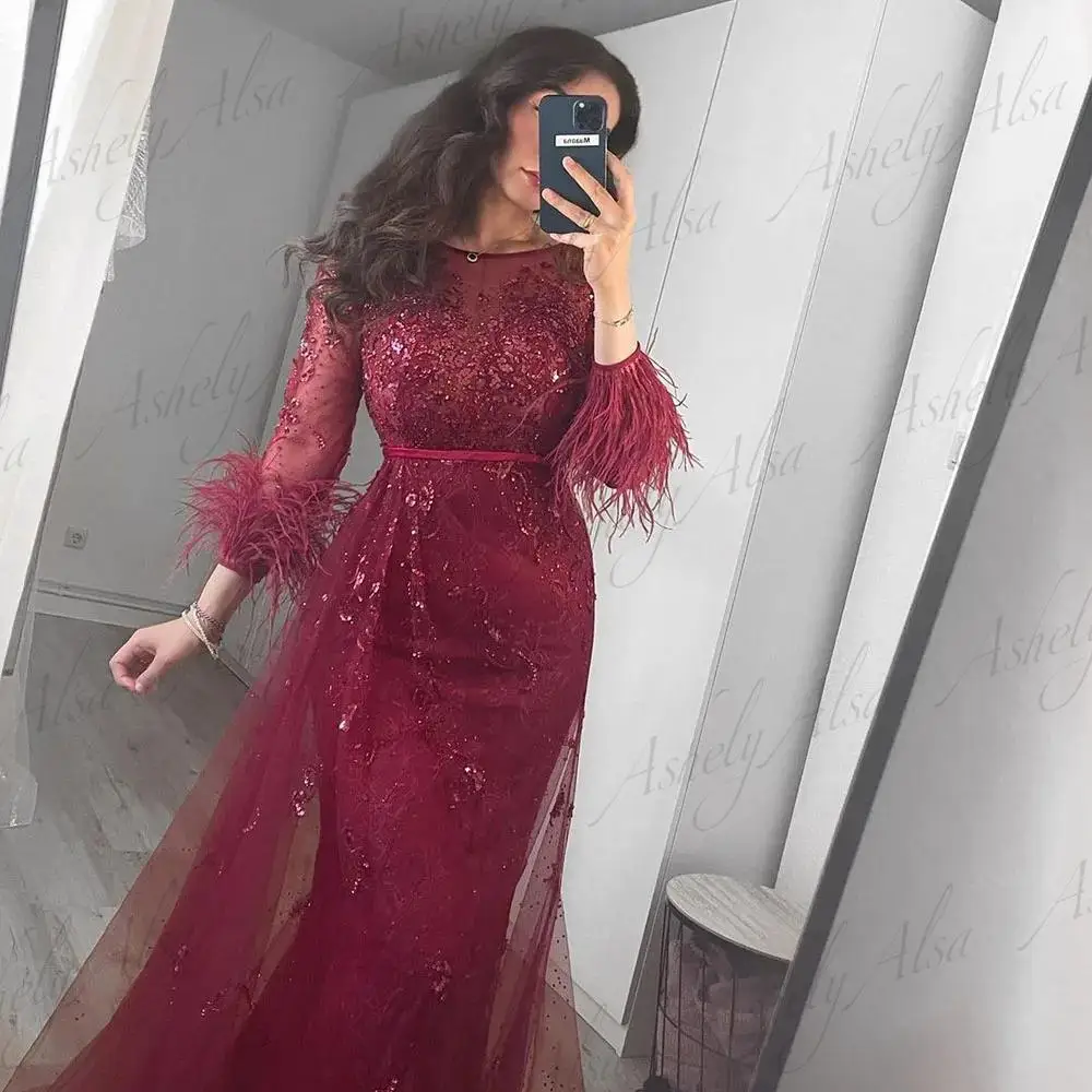 AA192 Customized Wine Red Women Evening Dresses Long Sleeve 2025 Meramid Formal Occasion Dress Wedding Party Gown Prom Wear Robe