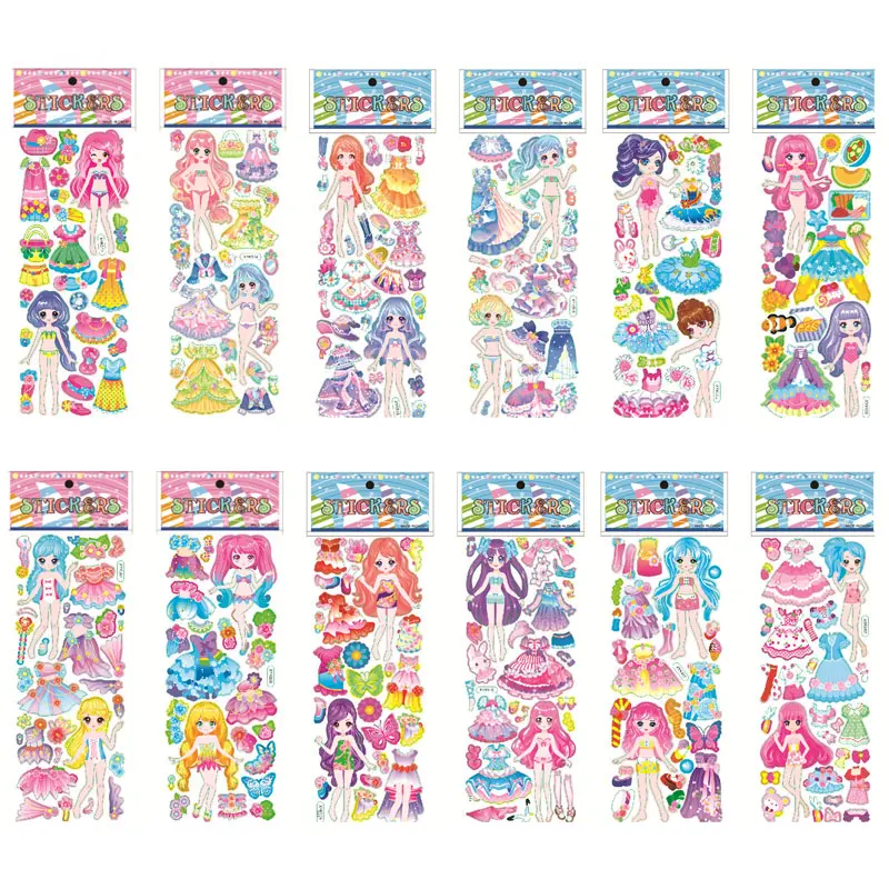 6/12Sheets 3D Bubble Dress Up Girls Stickers Cartoon Princess Change Clothes DIY Kawaii Toys Children Birthday Party Decoration