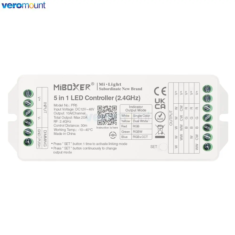 MiBoxer PR2 2IN1 PR5 5IN1 2.4GHz RF LED Controller Large Current Max 20A For Single Color/Dual White/RGB/RGBW/RGB+CCT LED Strip