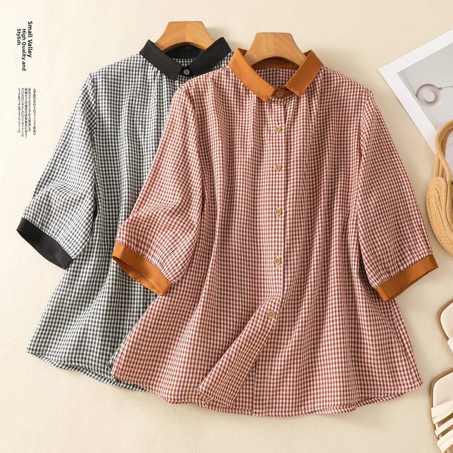 

Retro Sle Loose Fit irt with Button Design f Sve Cotton And Linen Blend Plaid Pattern Women's Summer Top