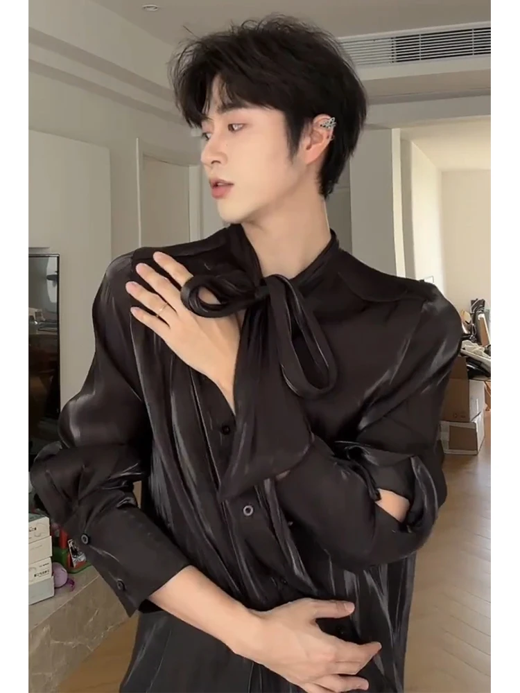 Xue Zhiqian Liquid Silk Drapey Sash Shirt Korean Style Padded Shoulder Luxury Feel Top Polyester Fiber Loose Fit Long Sleeve