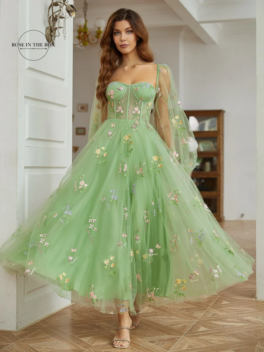 Corset Embroidered Prom Dresses Puff Sleeve Tea-Length Green Evening Party Dress Sweetheart Neck Tulle Midi Formal Gowns 2024