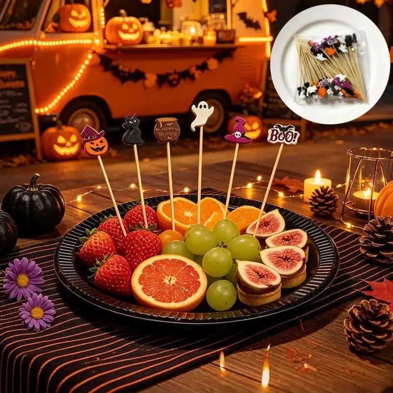 100Pcs Halloween Party Toothpicks Disposable Bamboo Skewers Pumpkin Ghost Fruit Fork Cake Dessert Cocktail Stick Decorations