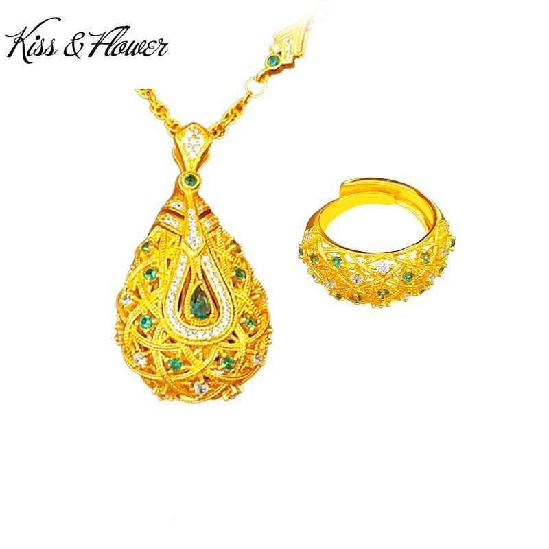 

KISS&FLOWER 24KT Gold Vintage Luxury PIPA Necklace+Ring For Women Wedding Party Birthday Christmas Bride Mother Lady Gifts JS109