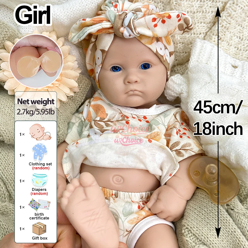 Hot Sale 18" Full Body Solid Silicone Reborn Baby Doll Girl 3D Paint Skin Lifelike Washable Newborn For Reborn Doll Enthusiasts