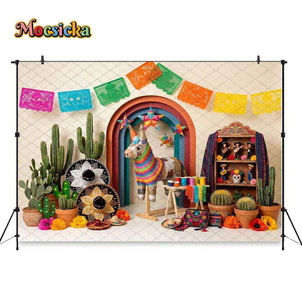 Mocsicka Mexican Fiesta Backdrop Photography Cactus Pinata Papel Picado Background  Taco Party Kids Birthday Photoshoot Studio