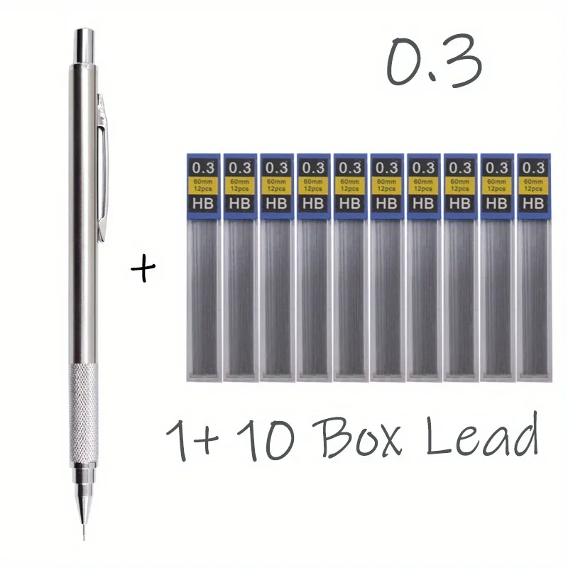  All Metal Mechanical Pencils 0.3, 0.5, 0.7, 0.9, 1.3 2.0Mm Lead Refills Art, Writing, Sketching Retractable Design 