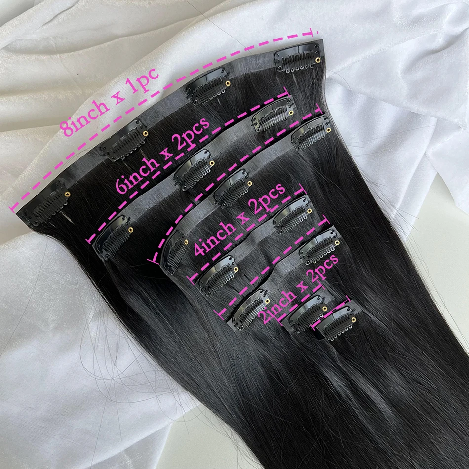 Ruwe onverwerkte 100 g 7-delige naadloze clips in # 1B Natuurlijke kleur Human Hair Extensions Lang PU-inslag Onzichtbaar steil haar