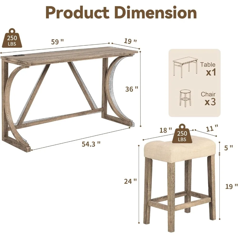 

59-inch Bar Table and Chair Set with Power Outlet, Industrial-style Breakfast Table with 3 Cushioned Stools