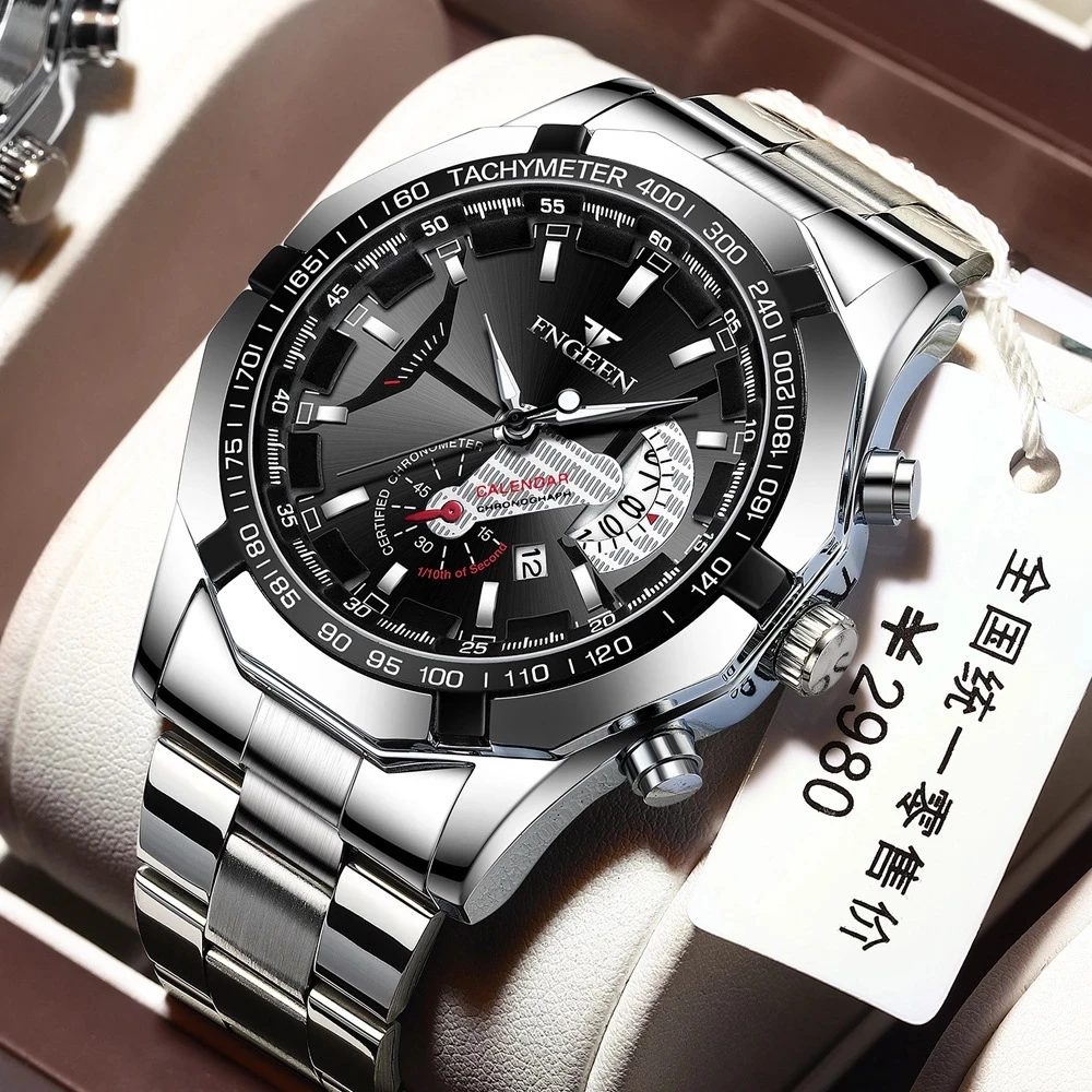 

Luxury Men's Watches Stainless Steel Band Fashion Waterproof Quartz Watch For Man Calendar Male Clock Reloj Hombre FNGEEN S001