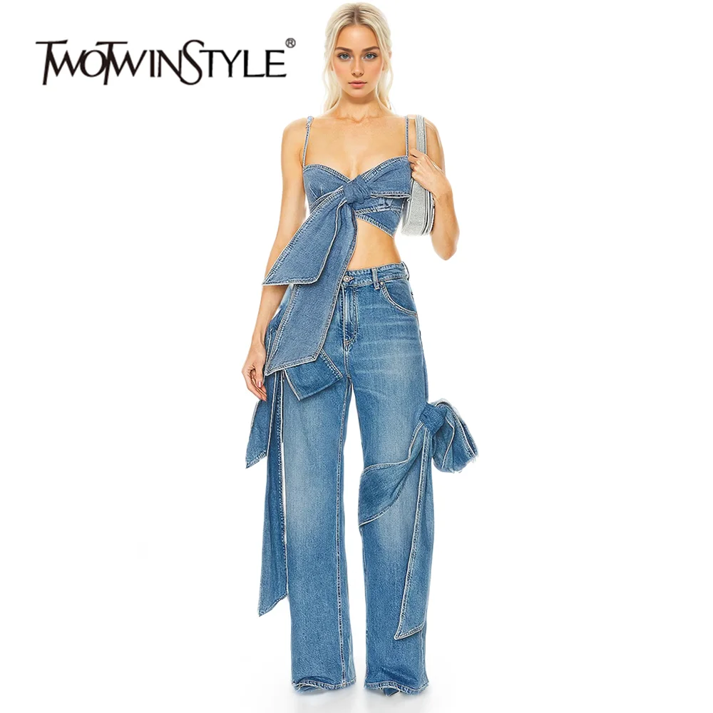 

TWOTWINSTYLE Solid Two Piece Sets For Women Sling Sleeveless Vest Patchwork Bowknot Deaigner Pants Slim Sets Female Fashion New