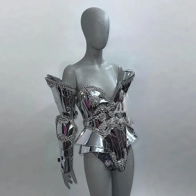 

Drag Queen Outfit Off Shoulder Silver Bodysuit Mirror Stage Costume Women Gogo Dancer Clothes Festival Party Show Rave Wear 3160