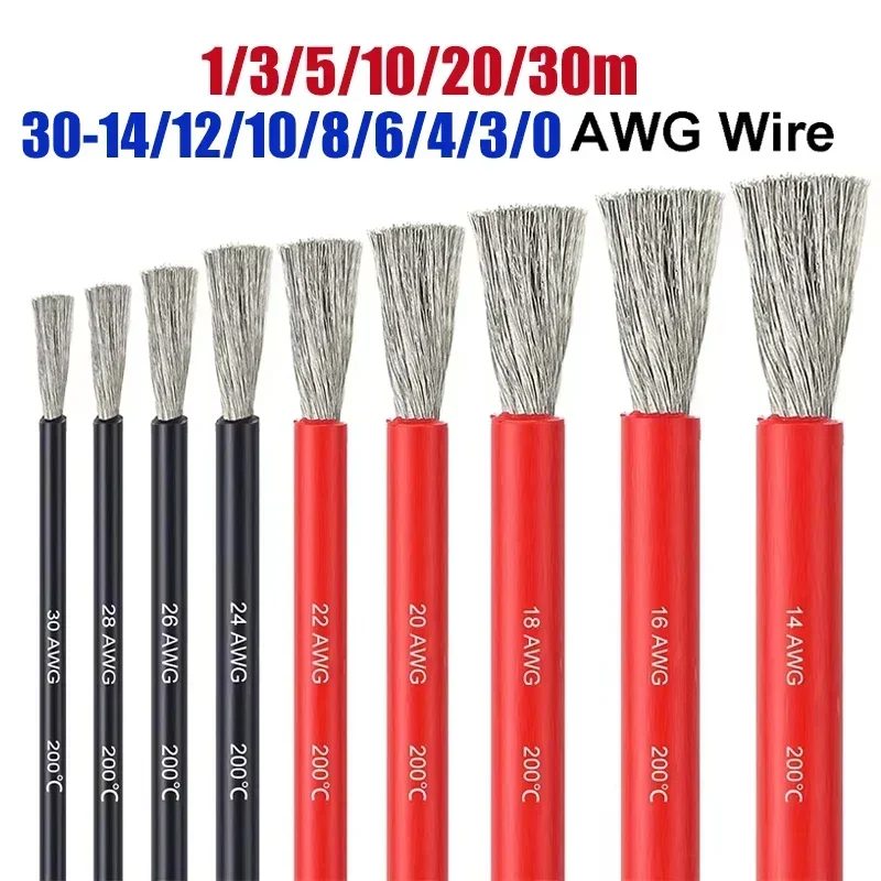 Câble en Silicone souple 14 12 10 8 6 4 3 0 AWG rouge noir résistant à la chaleur 50 mm2 fil électrique pour voiture Auto RV onduleur de batterie solaire