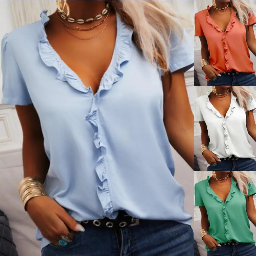 2024 Summer Women's Short Sleeve Pleated V-neck T-shirt Beach Holiday Fashion Solid Color Casual Loose Ruffled Top Street Wear