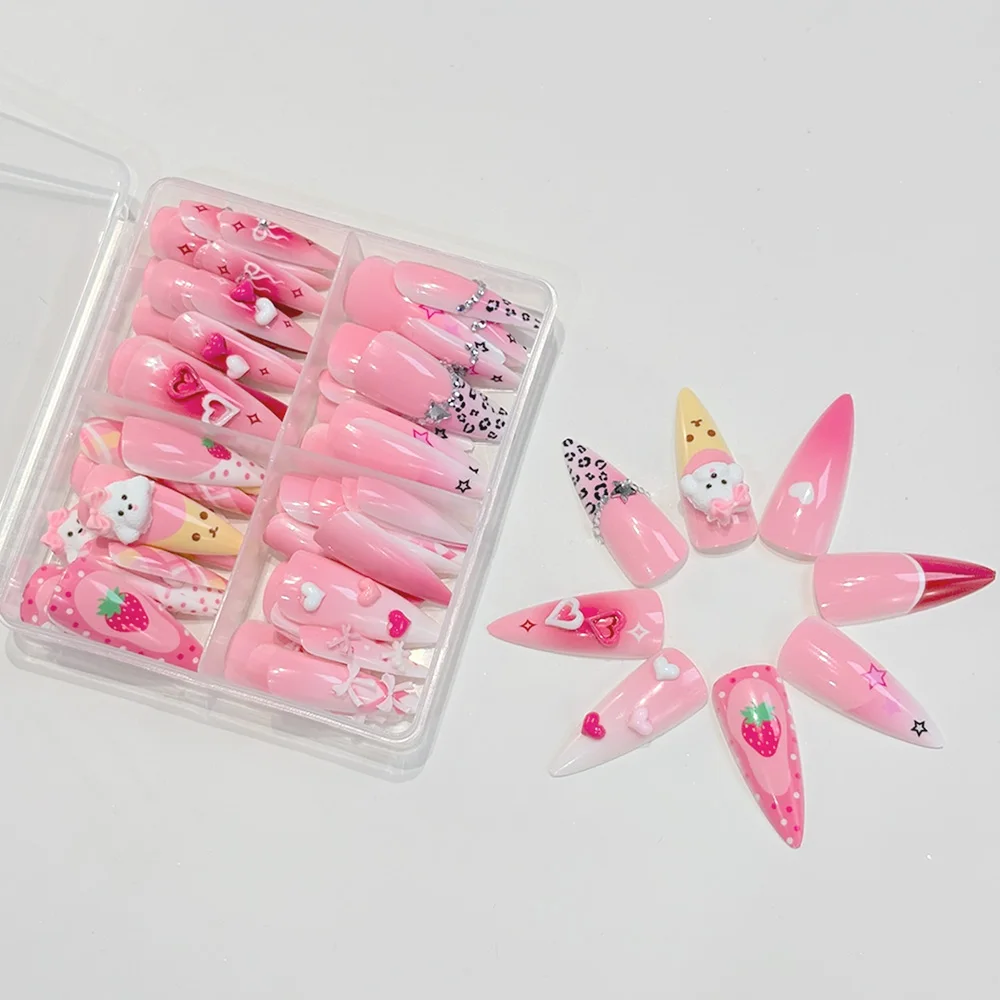 96Pcs Pink Long Stiletto Press On Nails 3D Cute Strawberry Bowknot Charms Fake Nails for Girls Y2K Style Party Daily Manicure TD view 4