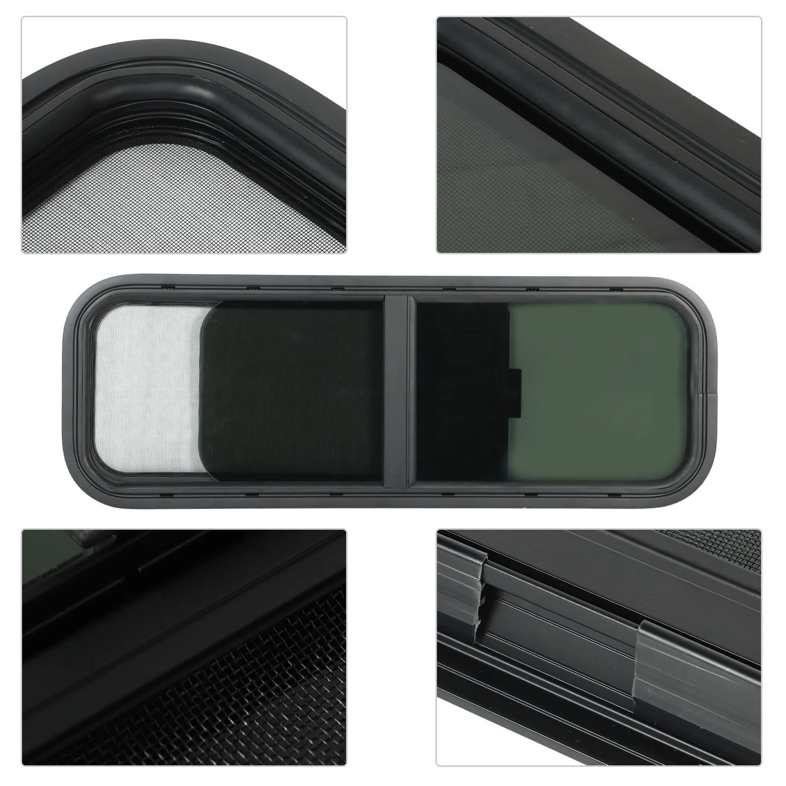 900x300mm RV Sliding Window, Round Angle Sliding RV Window Black Tempered Glass Shade Window for Camper Trailer