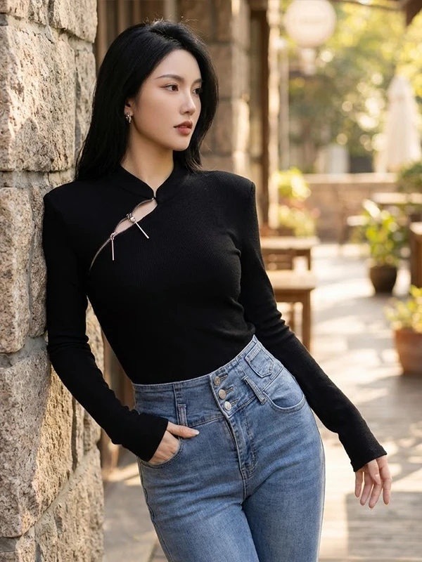 

Женская базовая блузка Slim Fit с длинным рукавом и воротником-стойкой, черная, весна 2026, новинка, в китайском национальном стиле