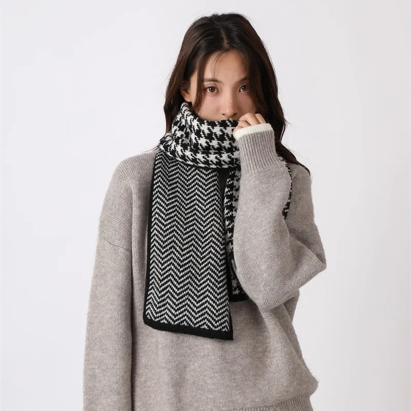 Panama Women\'s Autumn and Winter Checkered Knitted Wool Scarf Thickened Warm Neck Fashion Luxury Brand H129