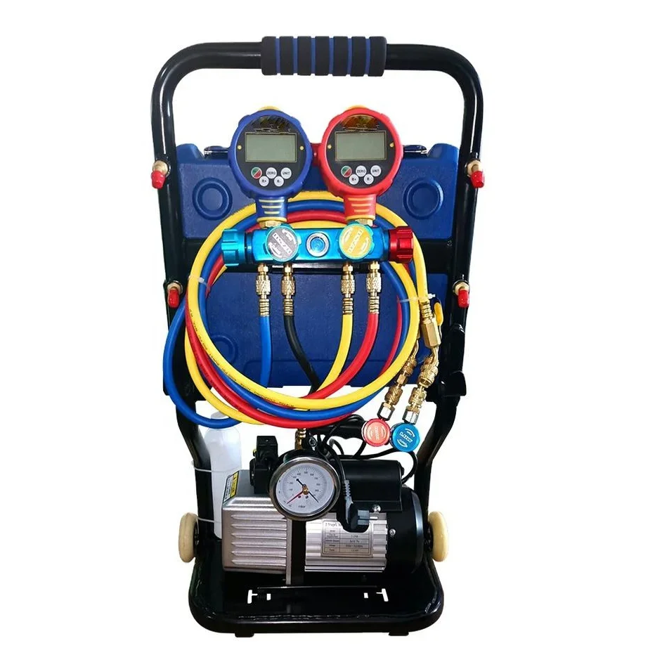 

HVAC Refrigerant Charging Recovery Station With 5-Valve Manifold Gauge for Car Air Condition Repair