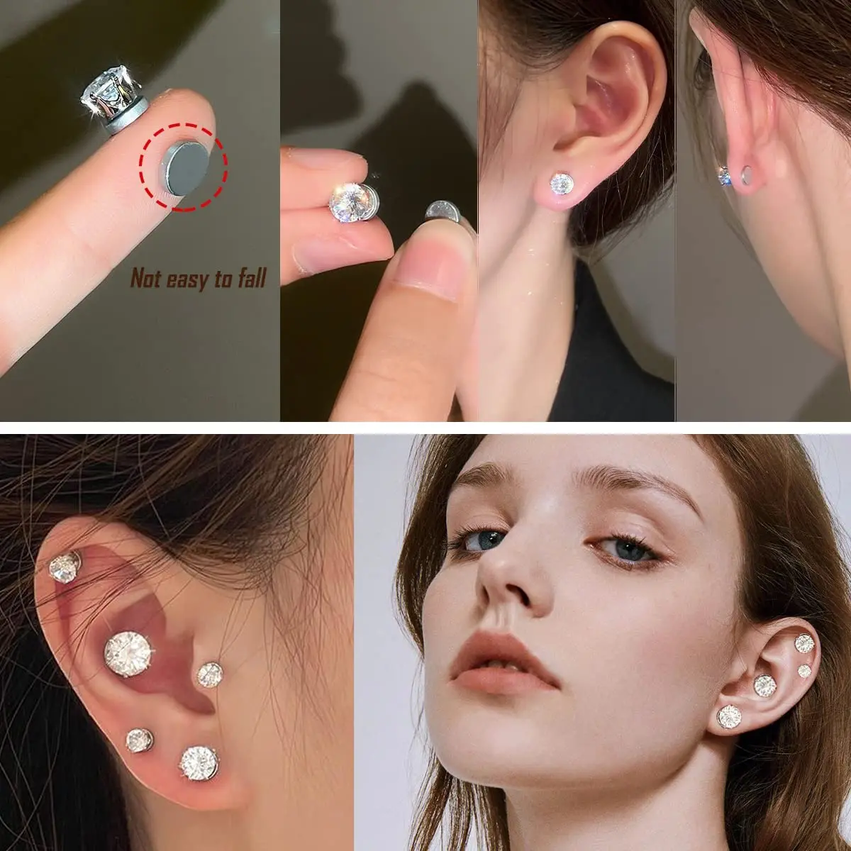 2PC Crystal Strong Magnetic Ear Stud Easy Use Clip Earrings For Women Men Punk Round Zircon Magnet Earrings Non Piercing Jewelry