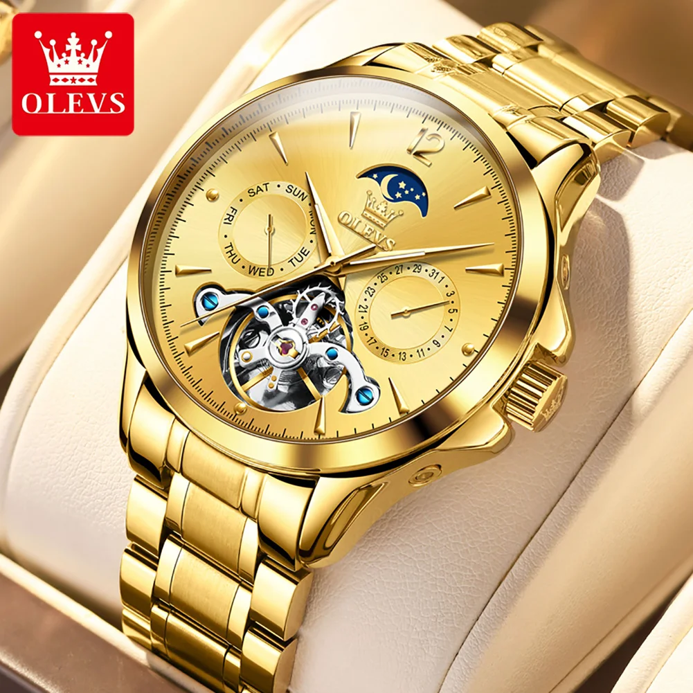 

OLEVS Brand Luxury Gold Mechanical Watch for Men Stainless Steel Waterproof Automatic Tourbillon Watches Mens Relogio Masculino