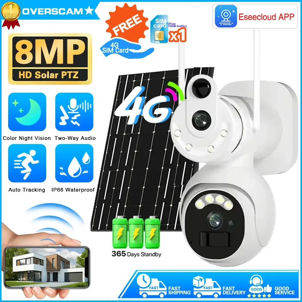 

4G SIM Card Solar Camera 360 IP Camera 8MP 4K CCTV Battery Cameras Outdoor Dual Lens Smart Home CCTV Security Surveillance Solar